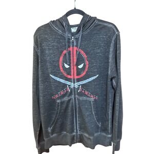Marvel Deadpool Zip Up Hoodie Charcoal Grey Burnout Graphic Sweatshirt SM